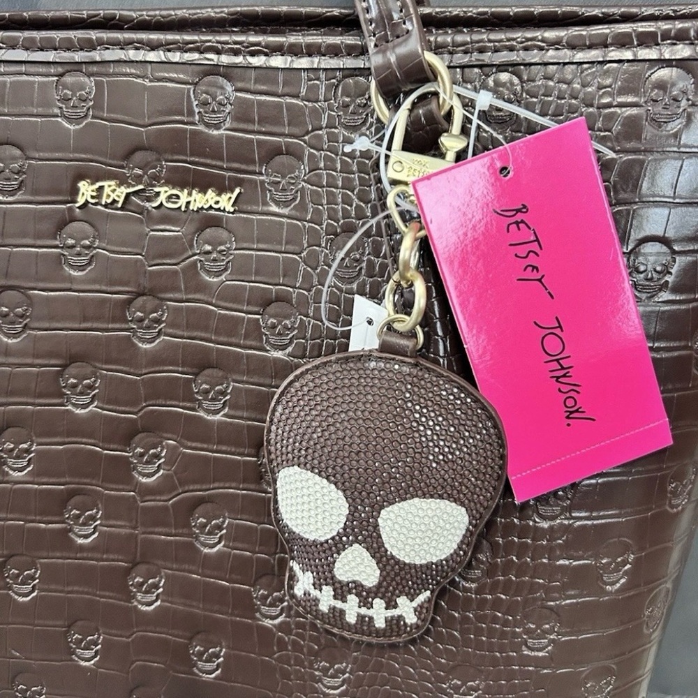 Betsey Johnson skull embossed Brown Tote handbag purse - Picture 2 of 3